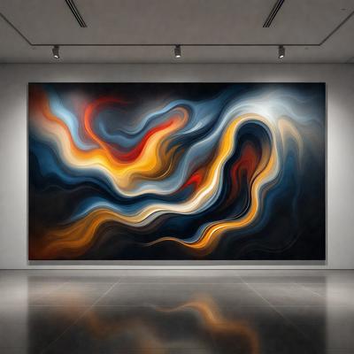 The primary subject of the image is a large, colorful painting displayed on a white wall. The painting features a mix of blue, orange, and red colors, creating a vibrant and dynamic visual effect. The setting is a room with a white wall, which serves as the perfect backdrop for the painting. The visual style of the image is a combination of artistic expression and digital art, as the painting appears to be a digital creation. The overall atmosphere of the image is lively and engaging, capturing the viewer'